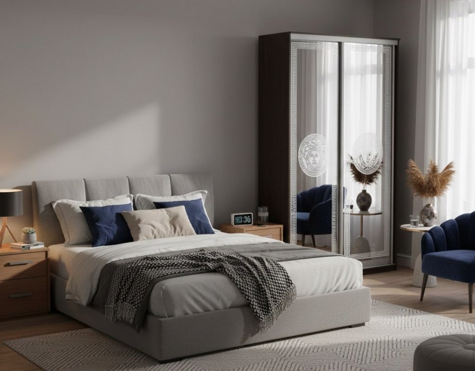 Шкаф купе Модерн 1190х450 2-х дверный 2-х секционный зеркальный с пескоструем №1 венге