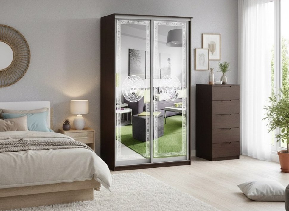 Шкаф купе Модерн 1190х450 2-х дверный 2-х секционный зеркальный с пескоструем №1 венге