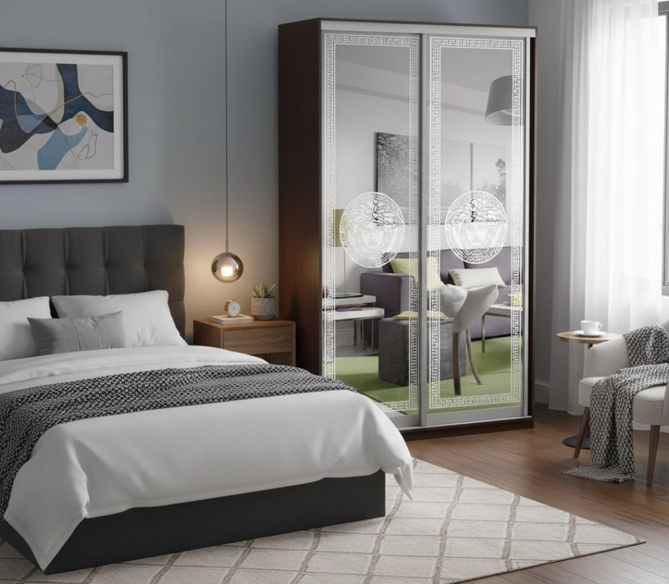 Шкаф купе Модерн 1190х450 2-х дверный 2-х секционный зеркальный с пескоструем №1 венге