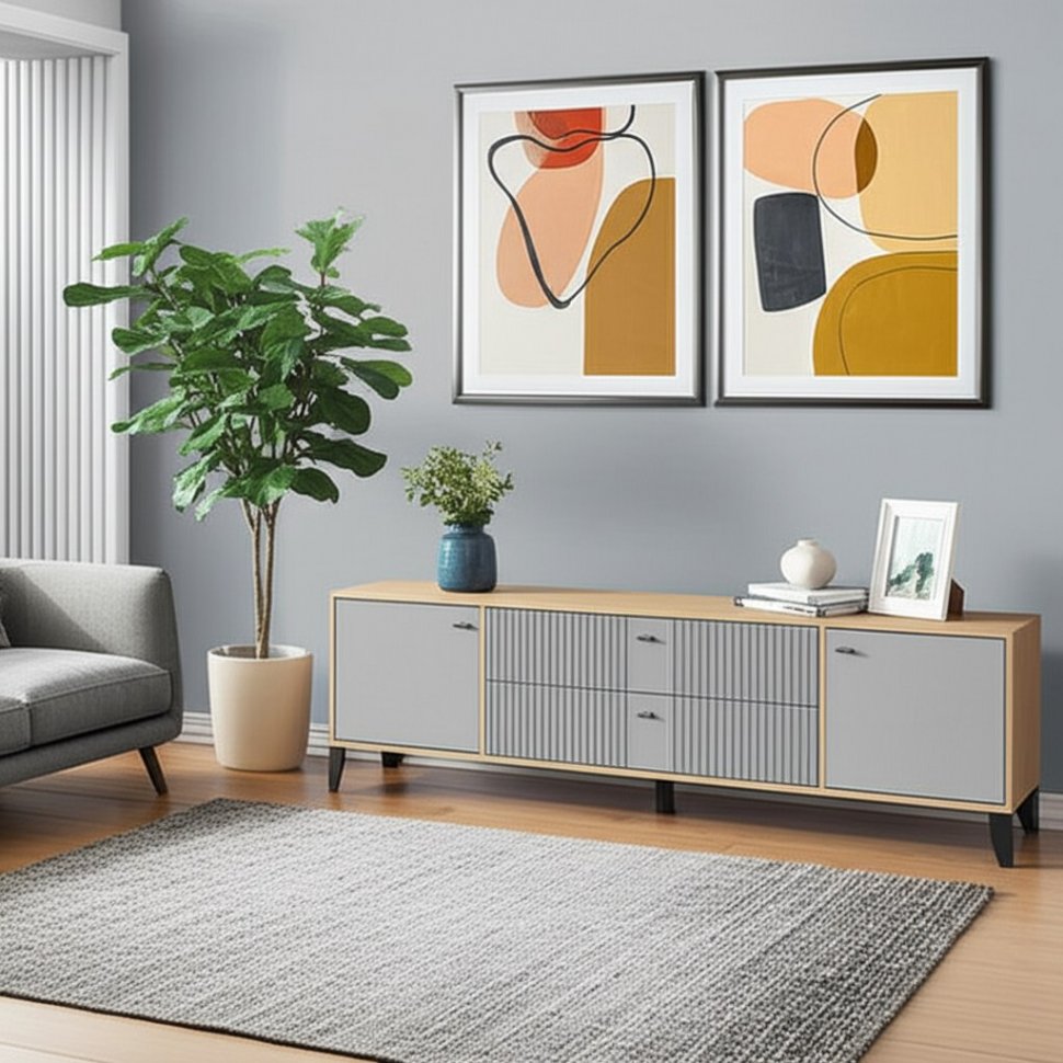 Тумба под телевизор Парус-10, Дуб крафт серый, Серый