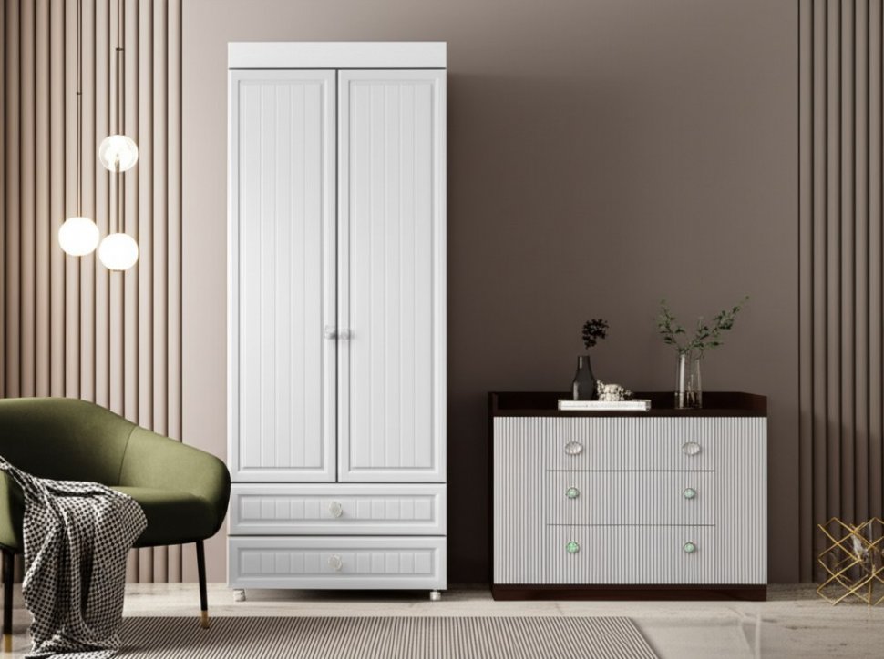 Шкаф 2-х дверный с ящиками (гл.560) Монако МН-49 белое дерево