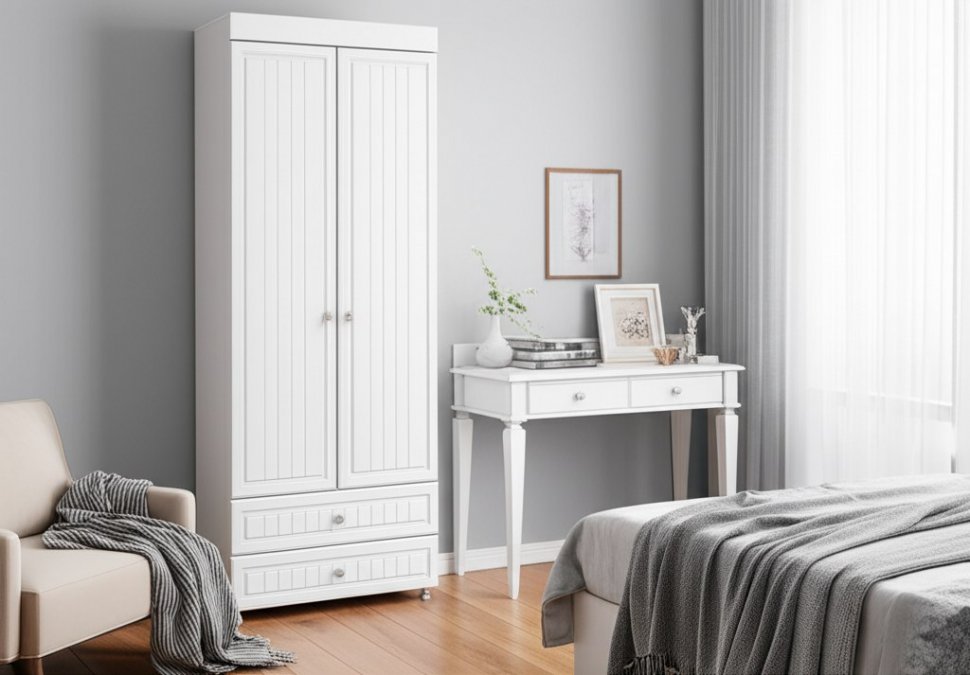 Шкаф 2-х дверный с ящиками (гл.560) Монако МН-49 белое дерево