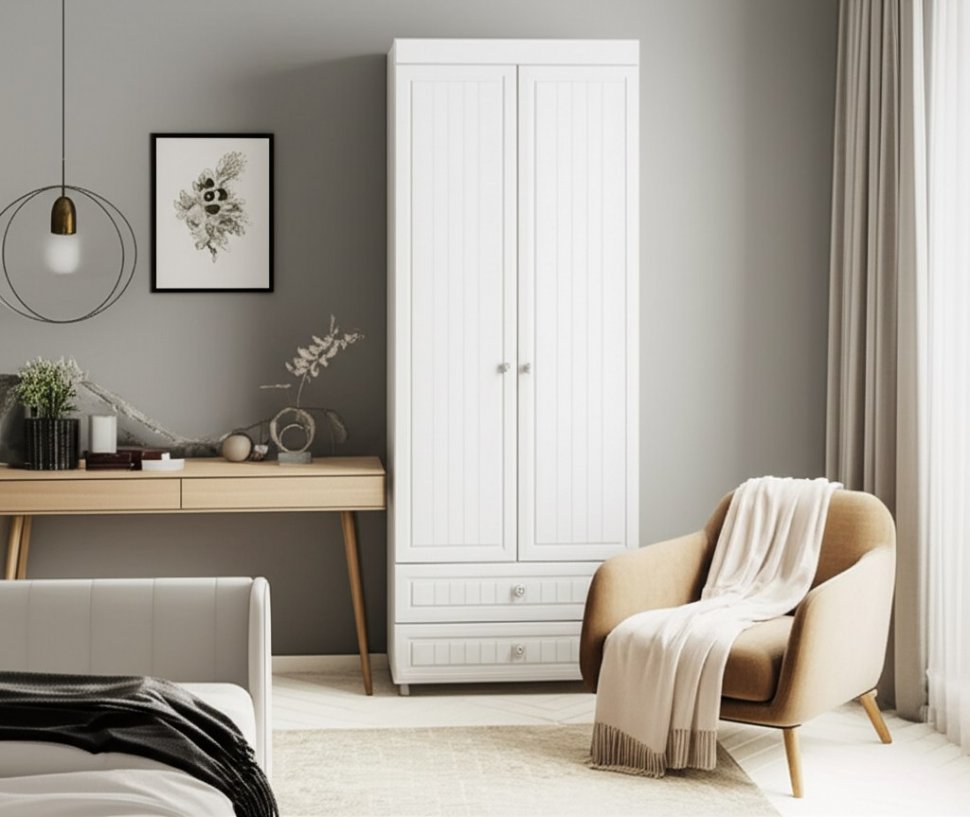 Шкаф 2-х дверный с ящиками (гл.560) Монако МН-49 белое дерево