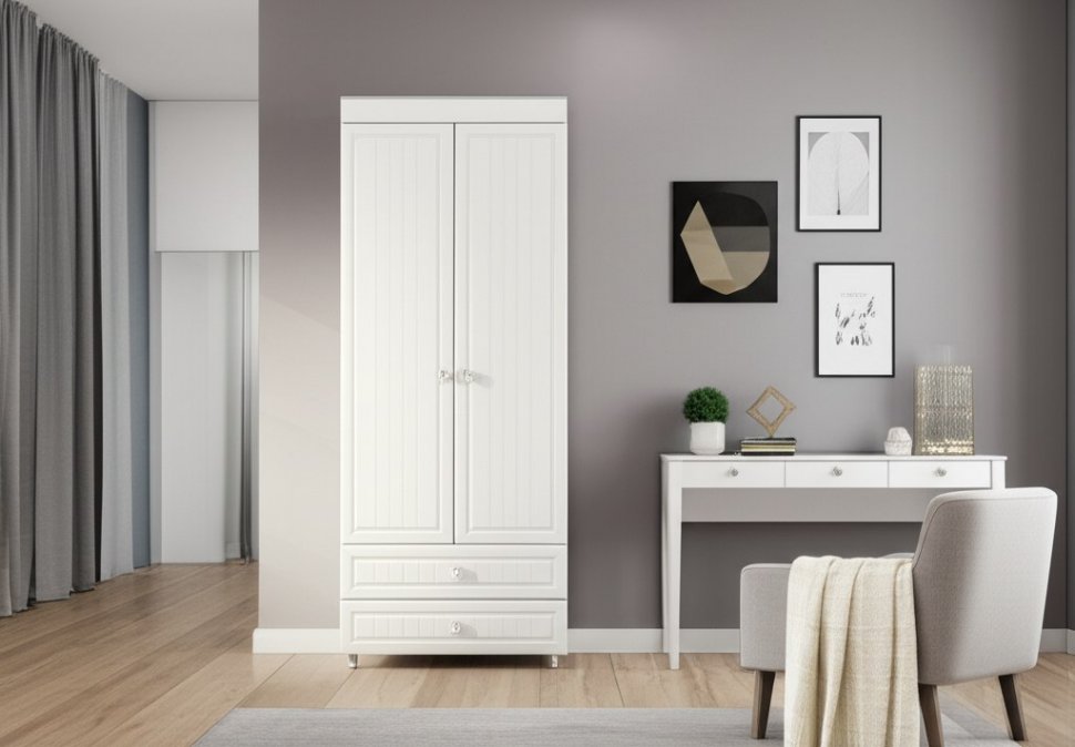 Шкаф 2-х дверный с ящиками (гл.560) Монако МН-49 белое дерево