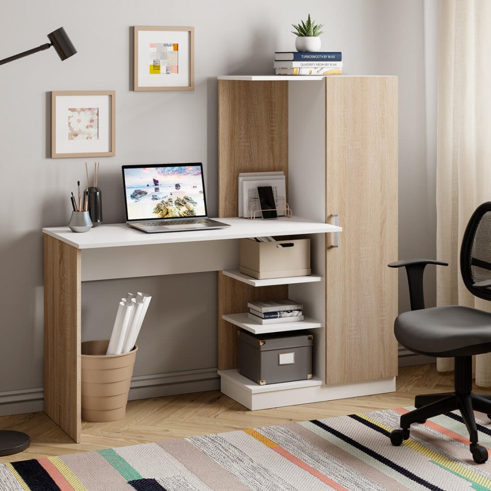 Стол компьютерный Бейсик (Мебелони) Дуб Сонома/Белый