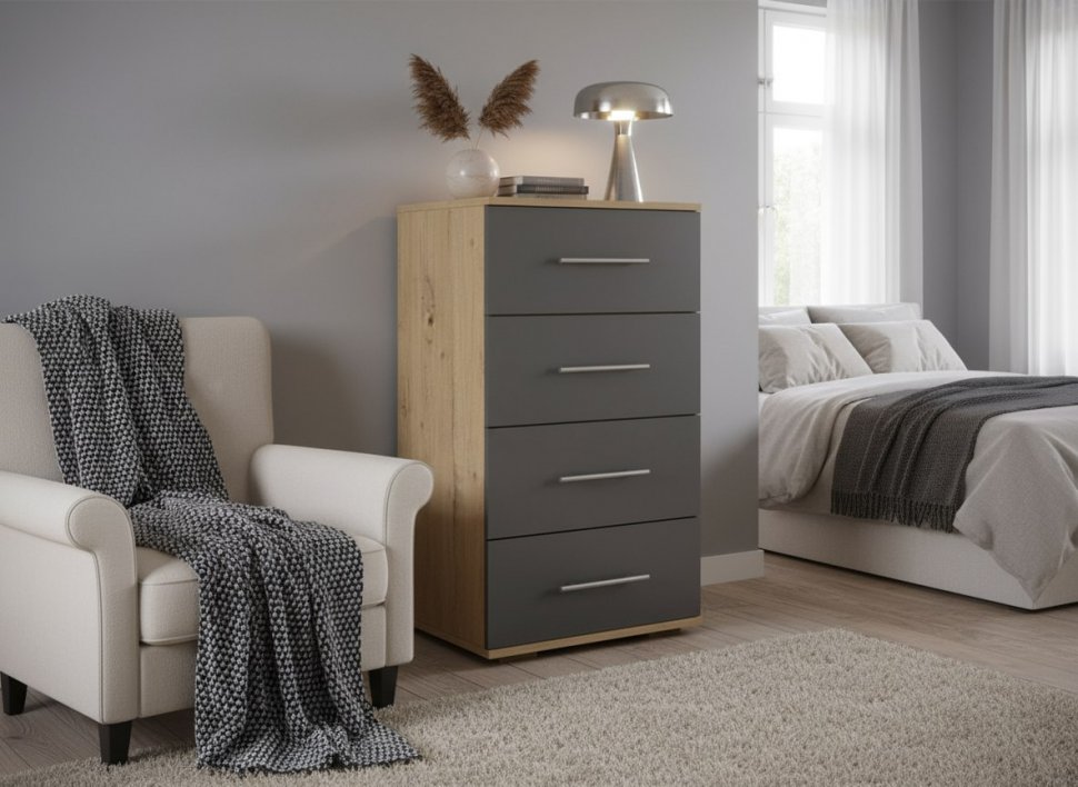 Бруно комод узкий / Дуб Вотан / Серый Графит 