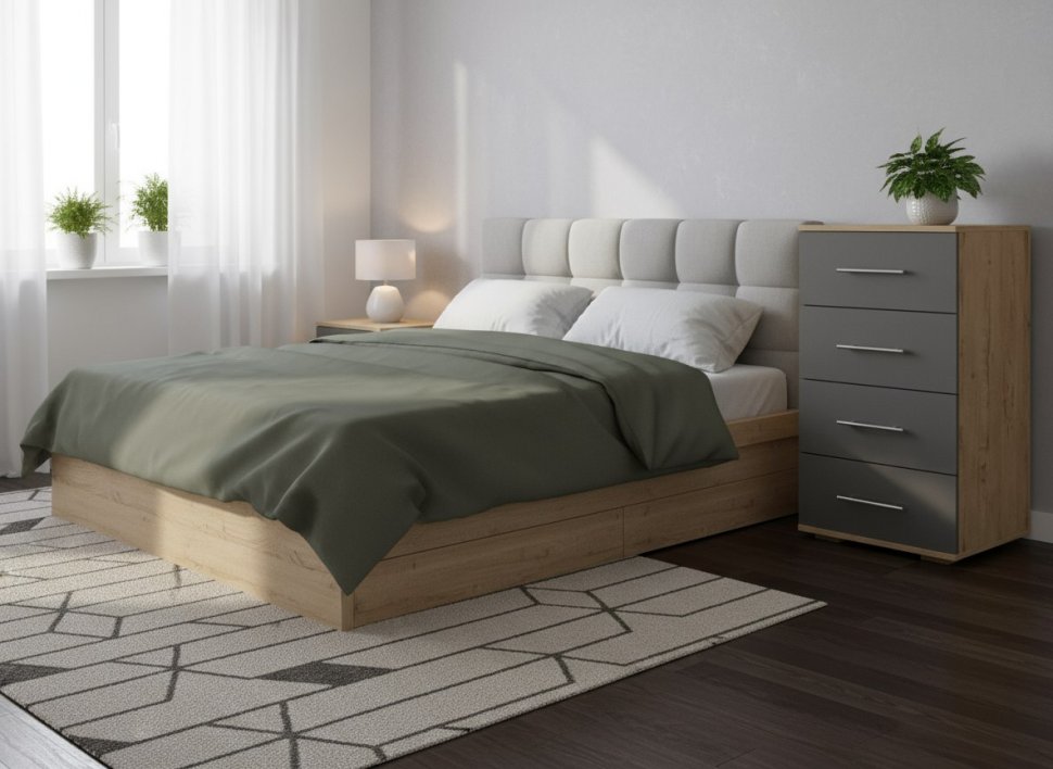 Бруно комод узкий / Дуб Вотан / Серый Графит 