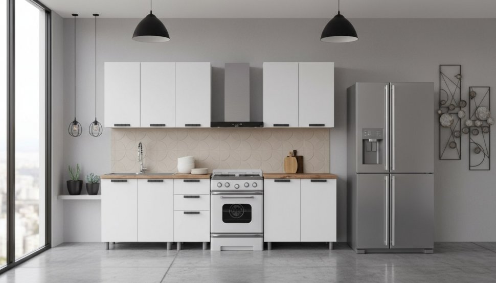 Кухня Аленушка 2м Лаванда Молочный/Молочный,скоба черный,черный