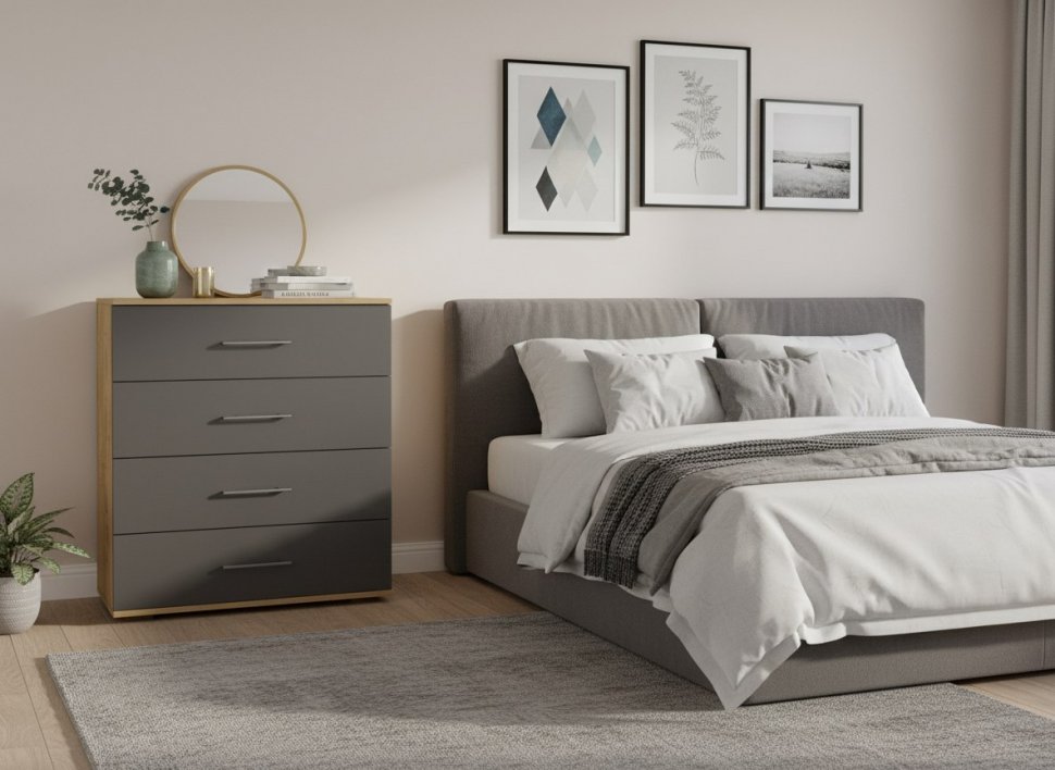 Бруно комод широкий / Дуб Вотан / Серый Графит 