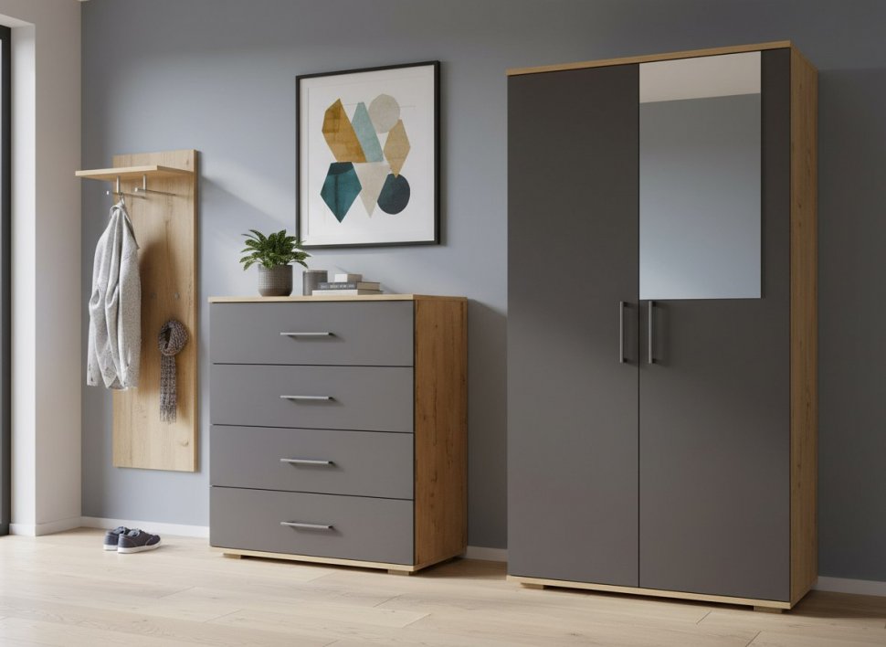 Бруно комод широкий / Дуб Вотан / Серый Графит 