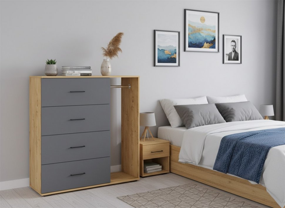 Бруно комод со штангой / Дуб Вотан / Серый Графит 