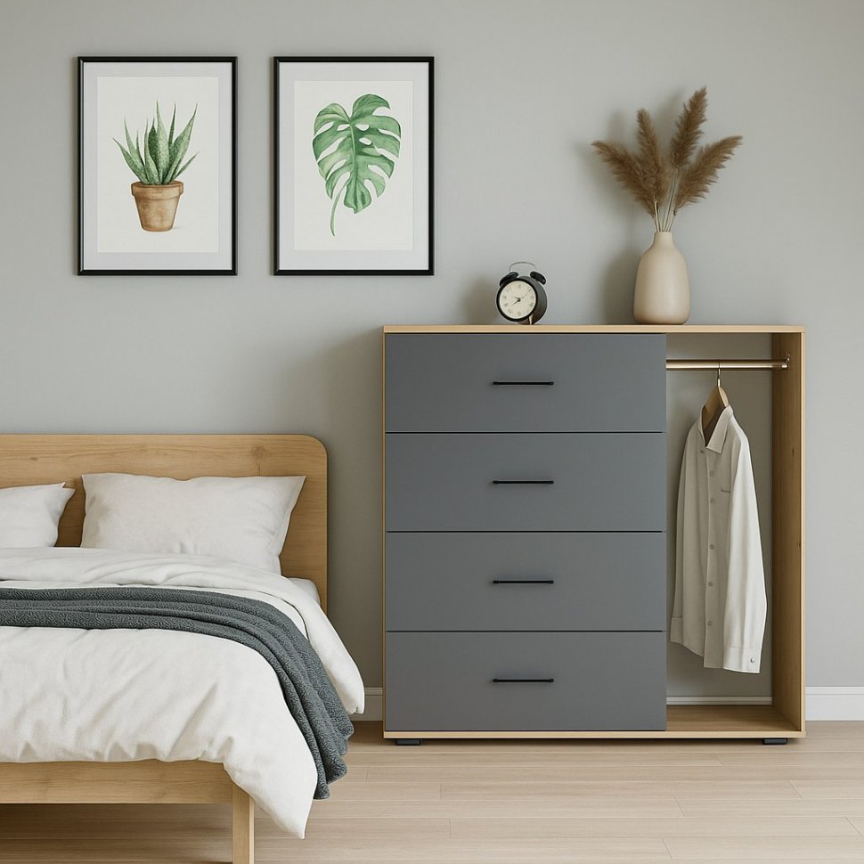 Бруно комод со штангой / Дуб Вотан / Серый Графит 