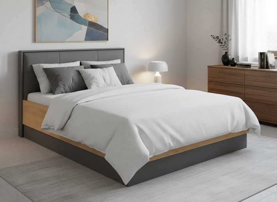 Бруно 73 Кровать с п/м 1600 Дуб Вотан / Серый графит