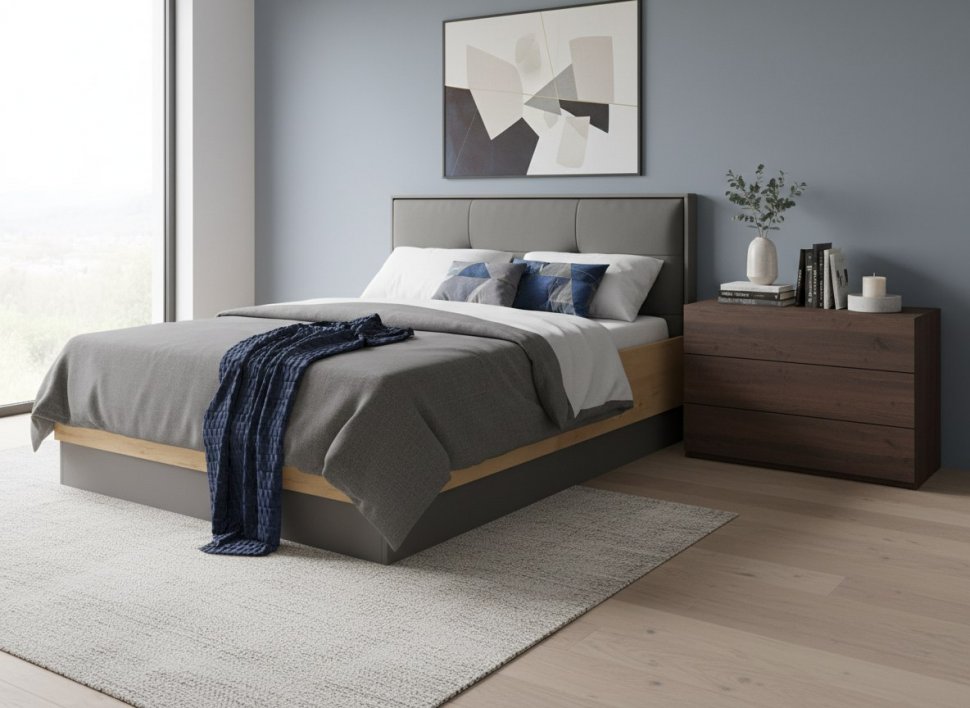 Бруно 73 Кровать с п/м 1600 Дуб Вотан / Серый графит