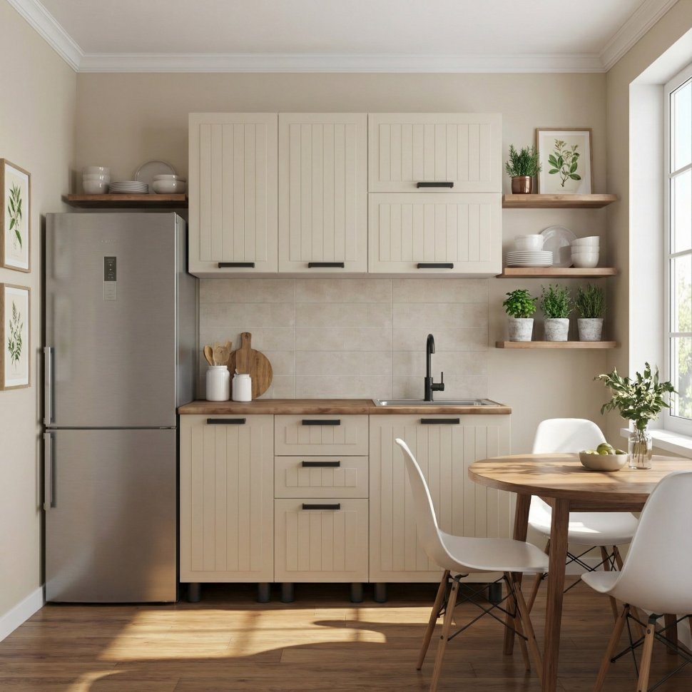 Кухня Аленушка 1,4м с ящ. Орхидея Крем,скоба черный,черный