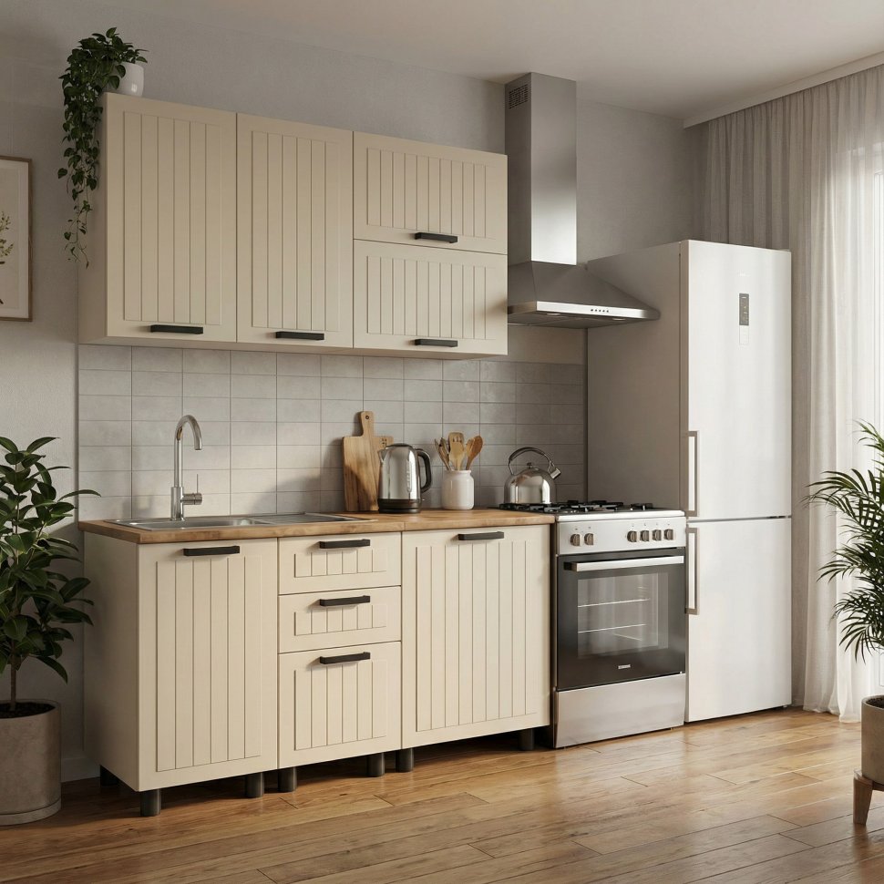 Кухня Аленушка 1,4м с ящ. Орхидея Крем,скоба черный,черный