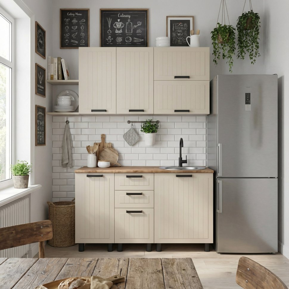 Кухня Аленушка 1,4м с ящ. Орхидея Крем,скоба черный,черный