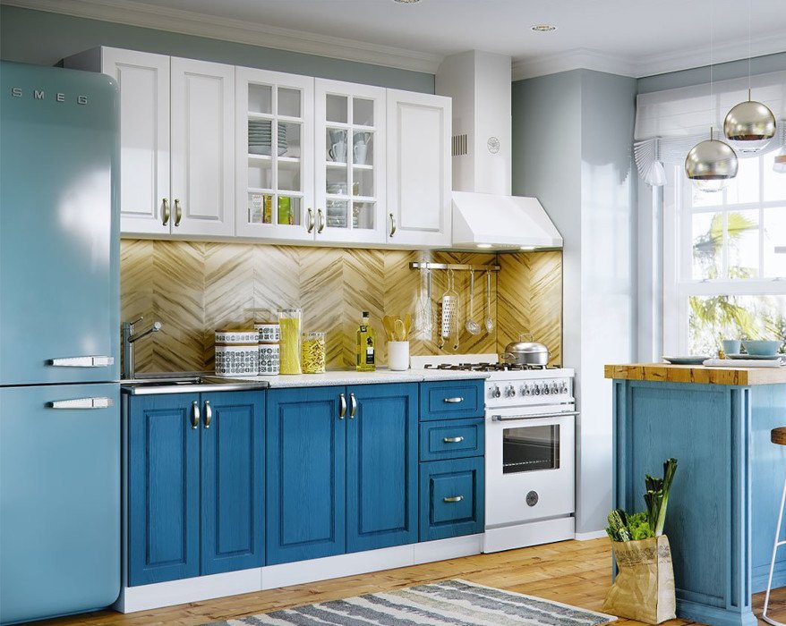 Кухня Констанция 1.8 Комплект 3 (МИФ) Белый матовый / Джинс