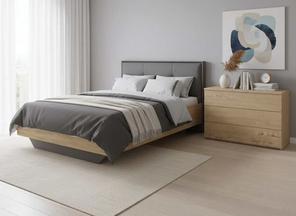 Бруно 73 Кровать с основанием 1600 Дуб Вотан / Серый графит