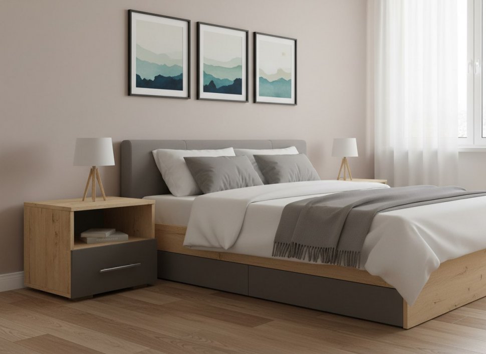 Бруно Тумба прикроватная Дуб Вотан / Серый графит