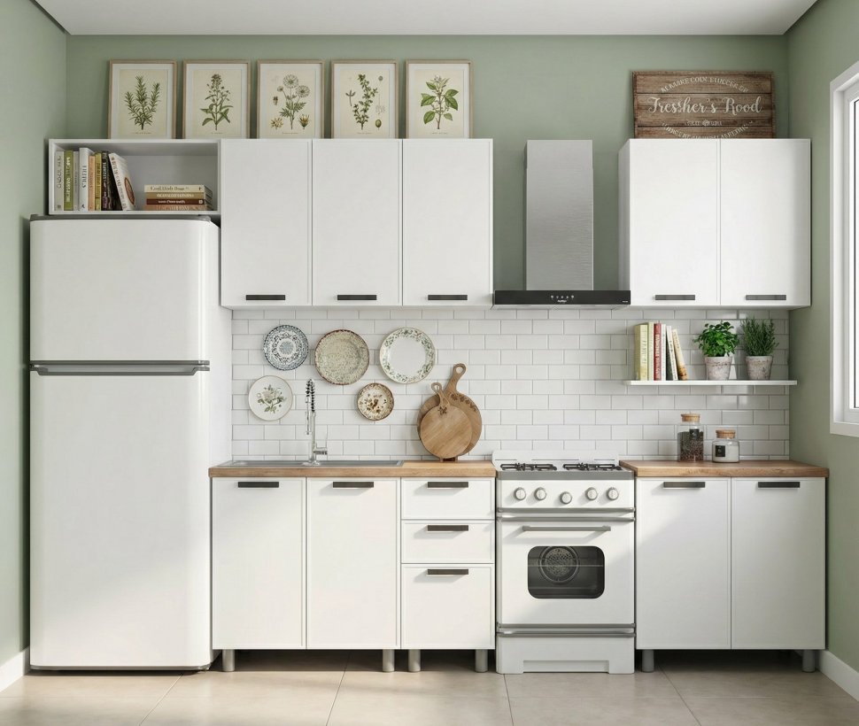 Кухня Аленушка 2 м Магнолия Молочный/Молочный, черный (без столешницы)