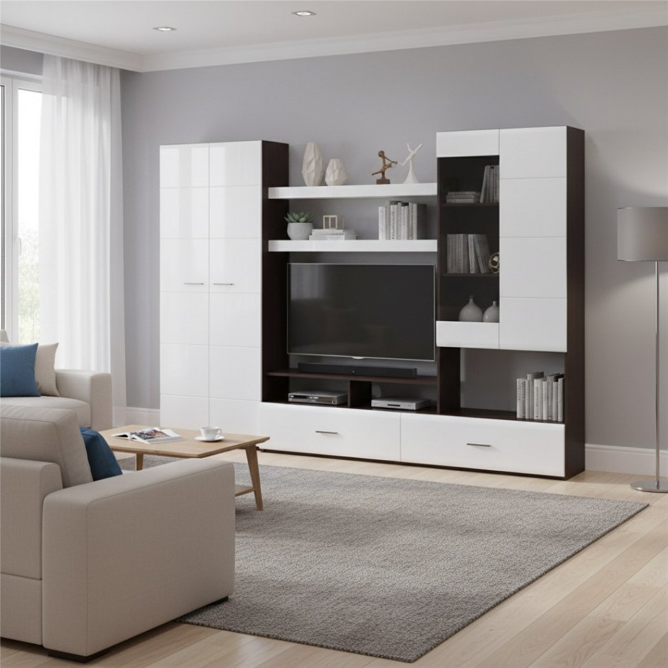 Мебель для гостиной МГС 7 / Венге/Белый глянец