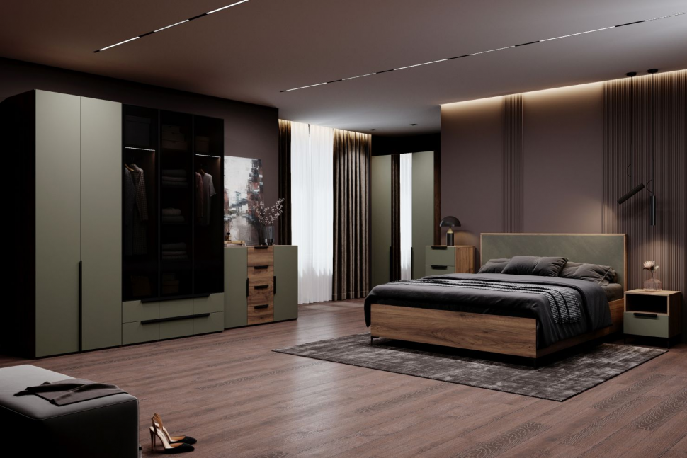 Харди шкаф трехдверный со стеклом Дуб Делано Темный / Грин софт