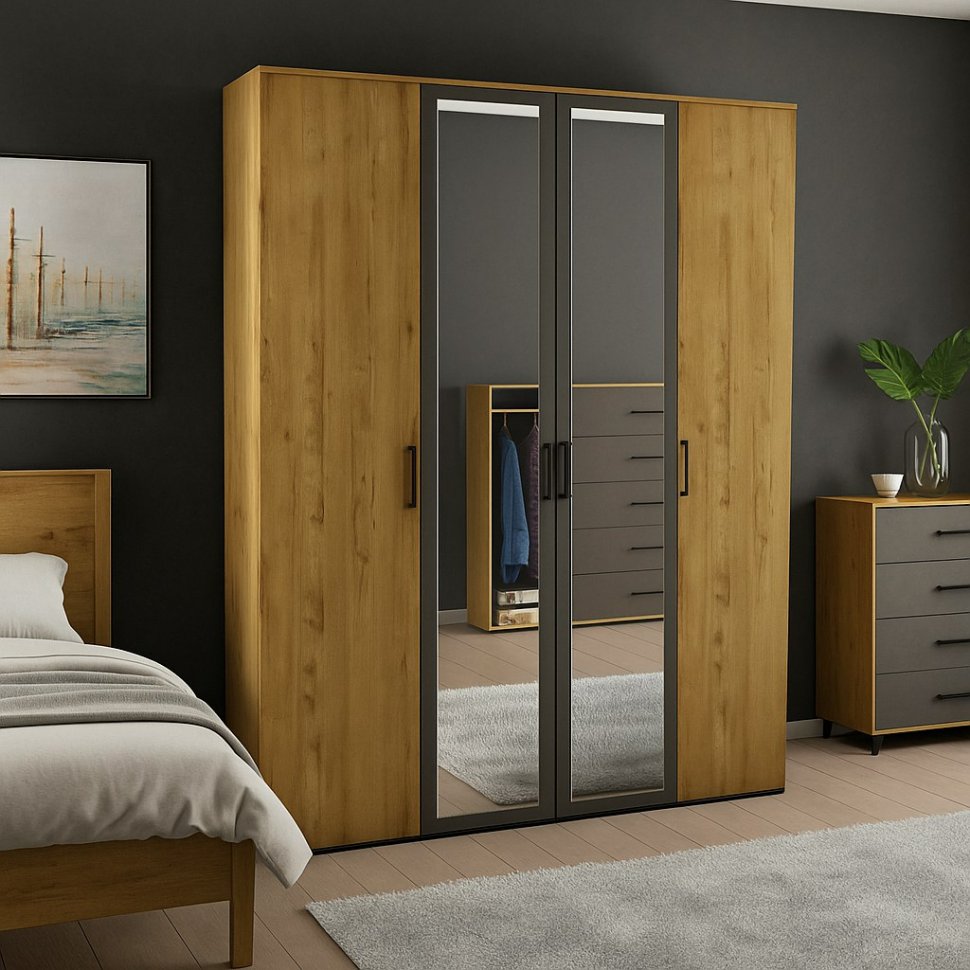 Бруно Шкаф четырехдверный Дуб Вотан / Серый графит