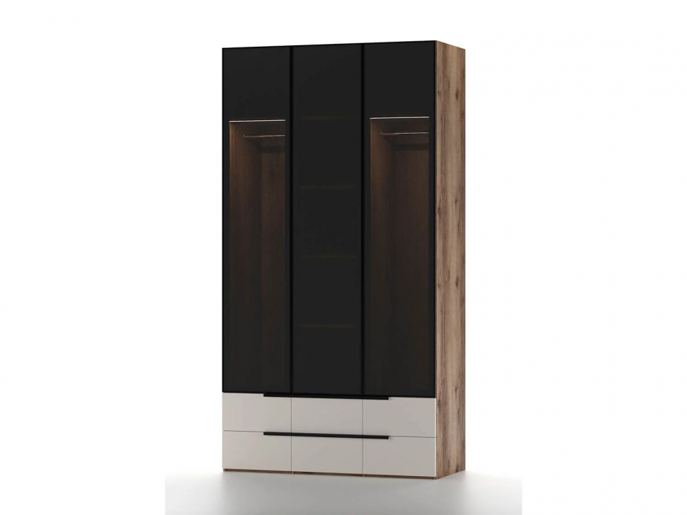 Харди шкаф трехдверный со стеклом Дуб Делано Темный / Супермат Джелато