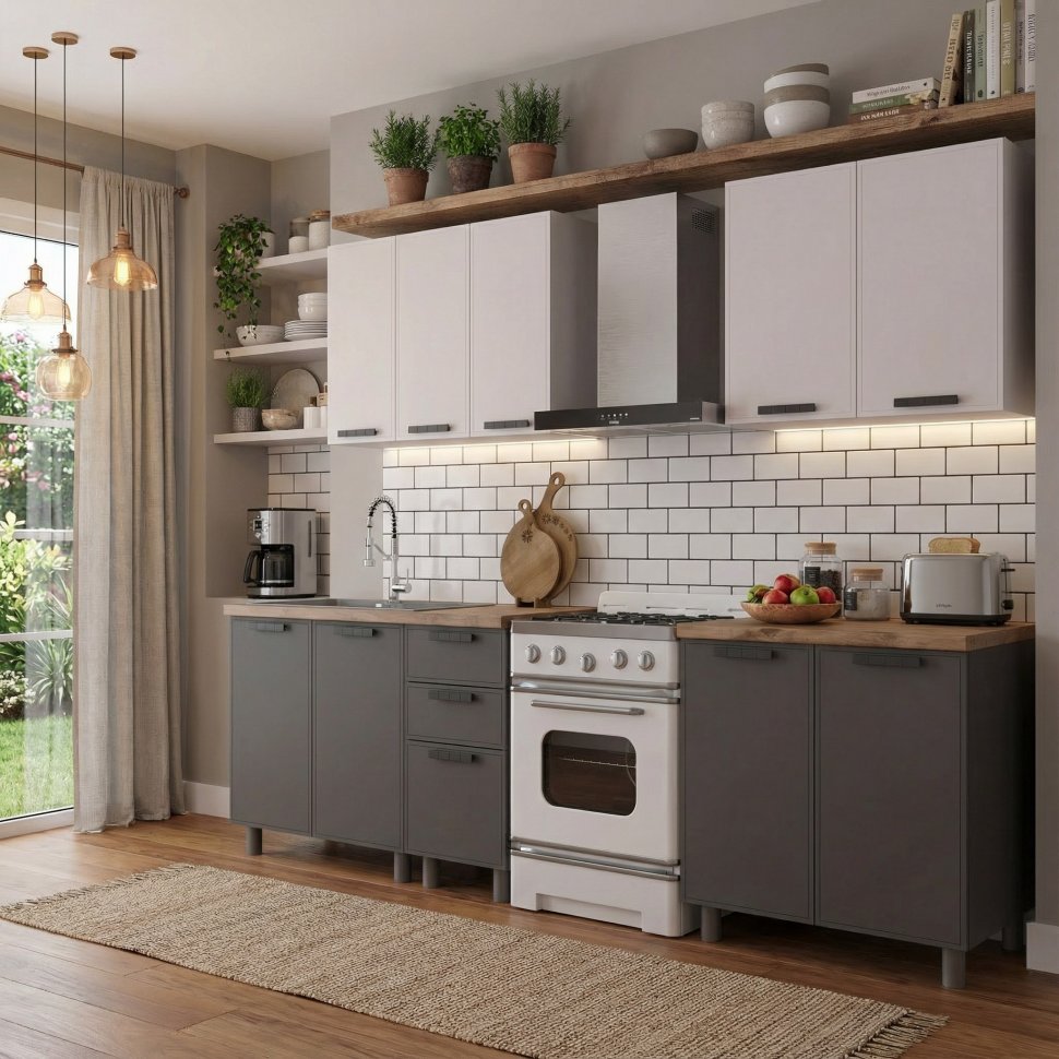 Кухня Аленушка 2 м Магнолия Кашемир/Сталь,скоба черный,черный