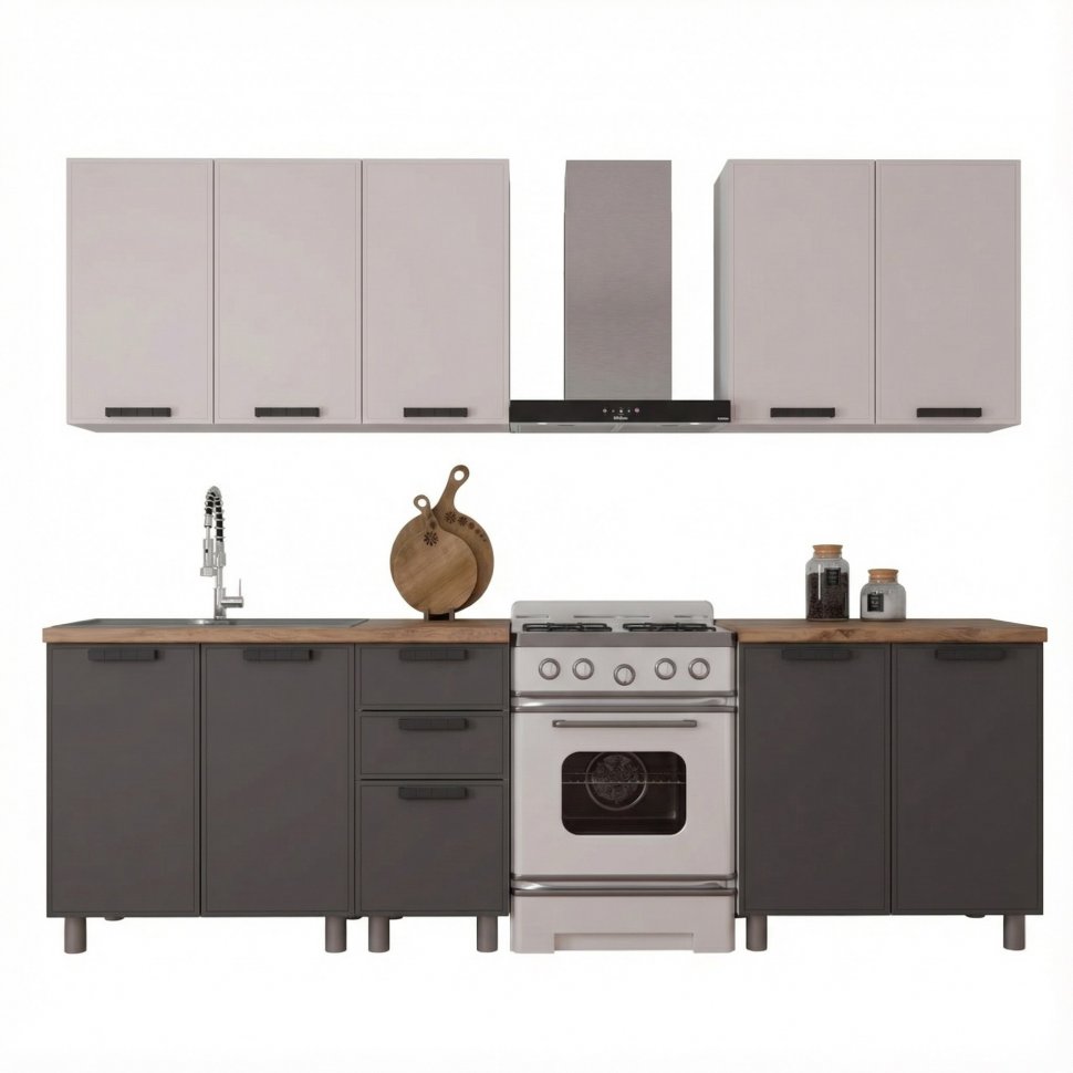 Кухня Аленушка 2 м Магнолия Кашемир/Сталь,скоба черный,черный