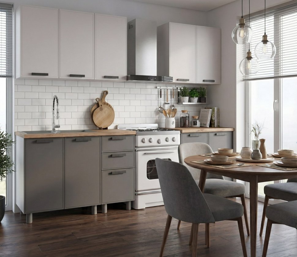 Кухня Аленушка 2 м Магнолия Кашемир/Сталь,скоба черный,черный