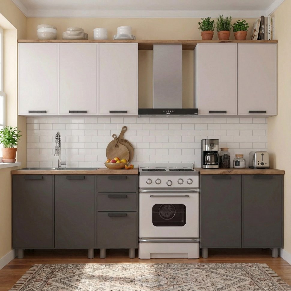 Кухня Аленушка 2 м Магнолия Кашемир/Сталь,скоба черный,черный