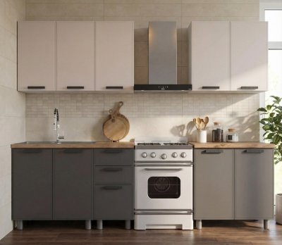 Кухня Аленушка 2 м Магнолия Кашемир/Сталь,скоба черный,черный