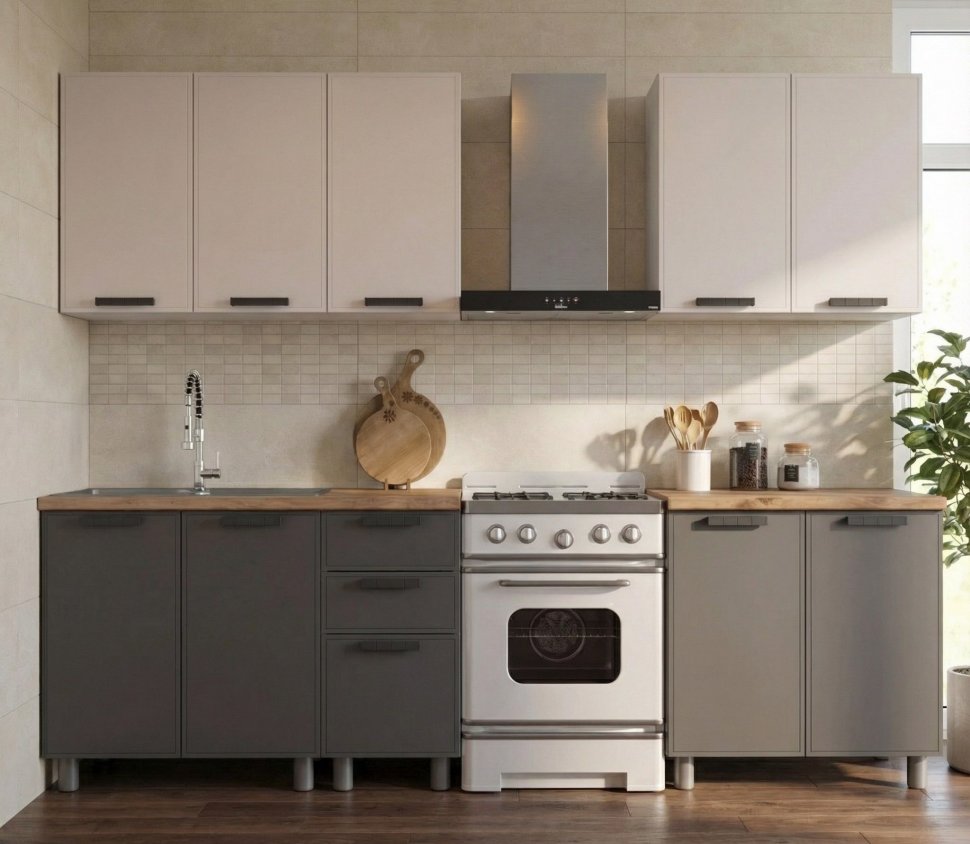 Кухня Аленушка 2 м Магнолия Кашемир/Сталь,скоба черный,черный