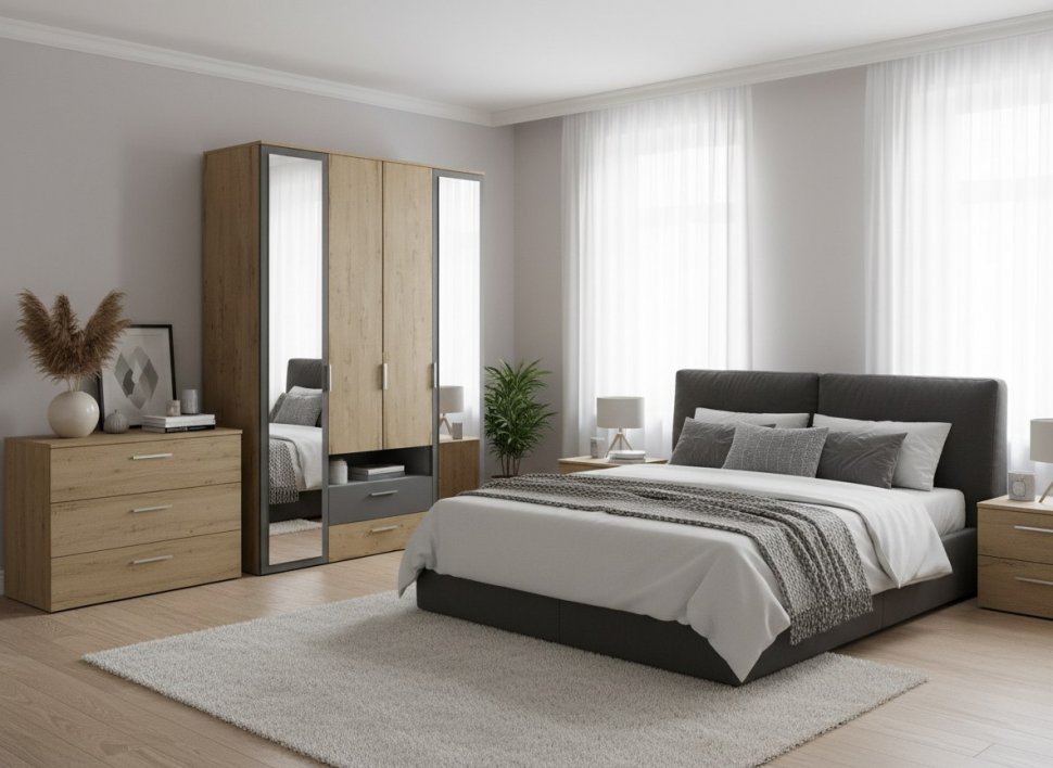 Бруно Шкаф четырехдверный с нишей / Дуб Вотан / Серый Графит 