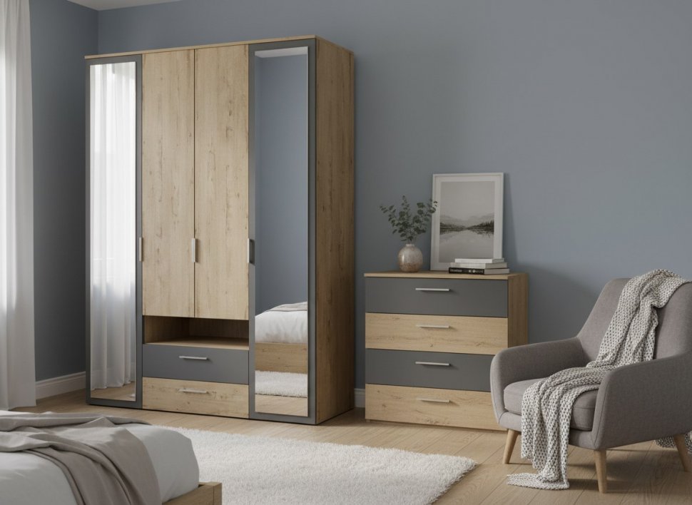 Бруно Шкаф четырехдверный с нишей / Дуб Вотан / Серый Графит 