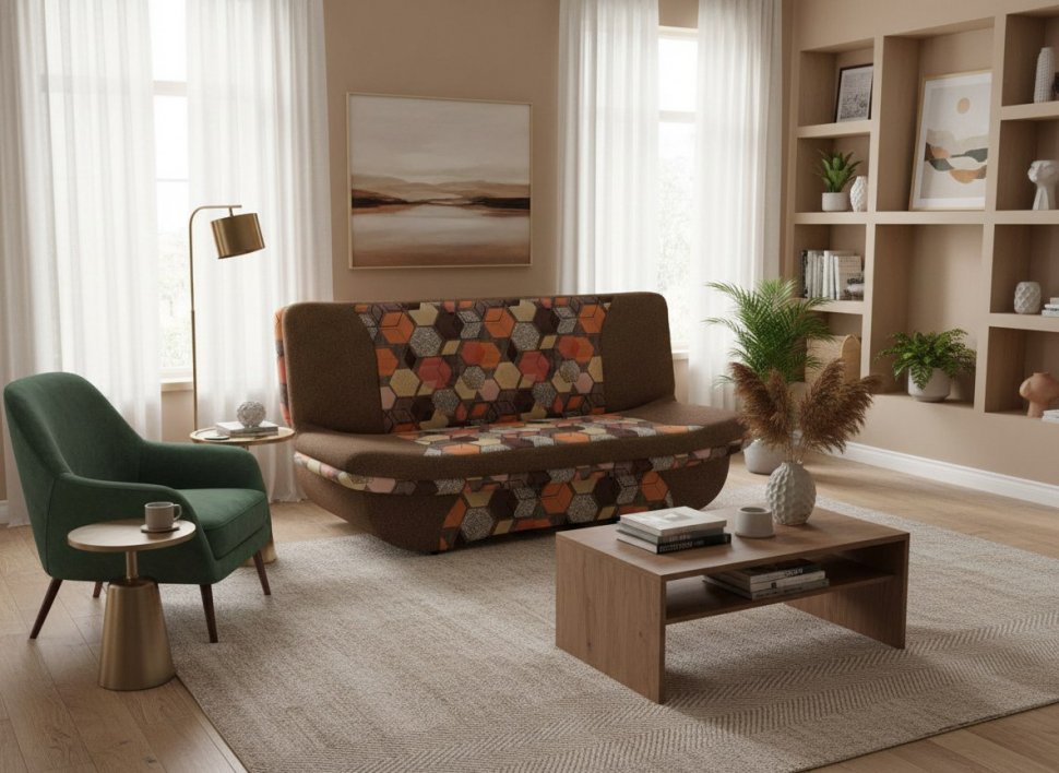 Диван Мальта 3Т Велюр Геометрия браун, Жаккард Савана хазел