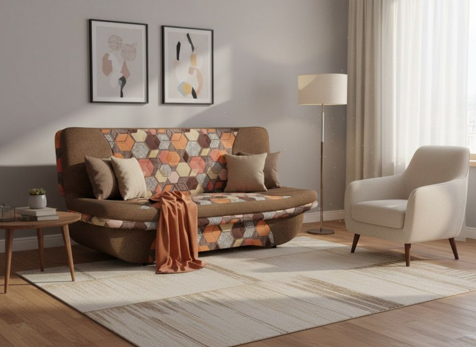Диван Мальта 3Т Велюр Геометрия браун, Жаккард Савана хазел