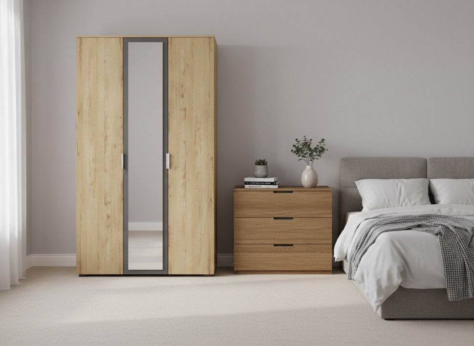 Бруно Шкаф трехдверный / Дуб Вотан / Серый Графит 