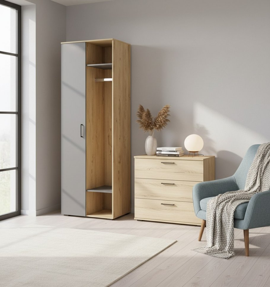 Бруно Шкаф двухдверный с нишей / Дуб Вотан / Серый Графит 