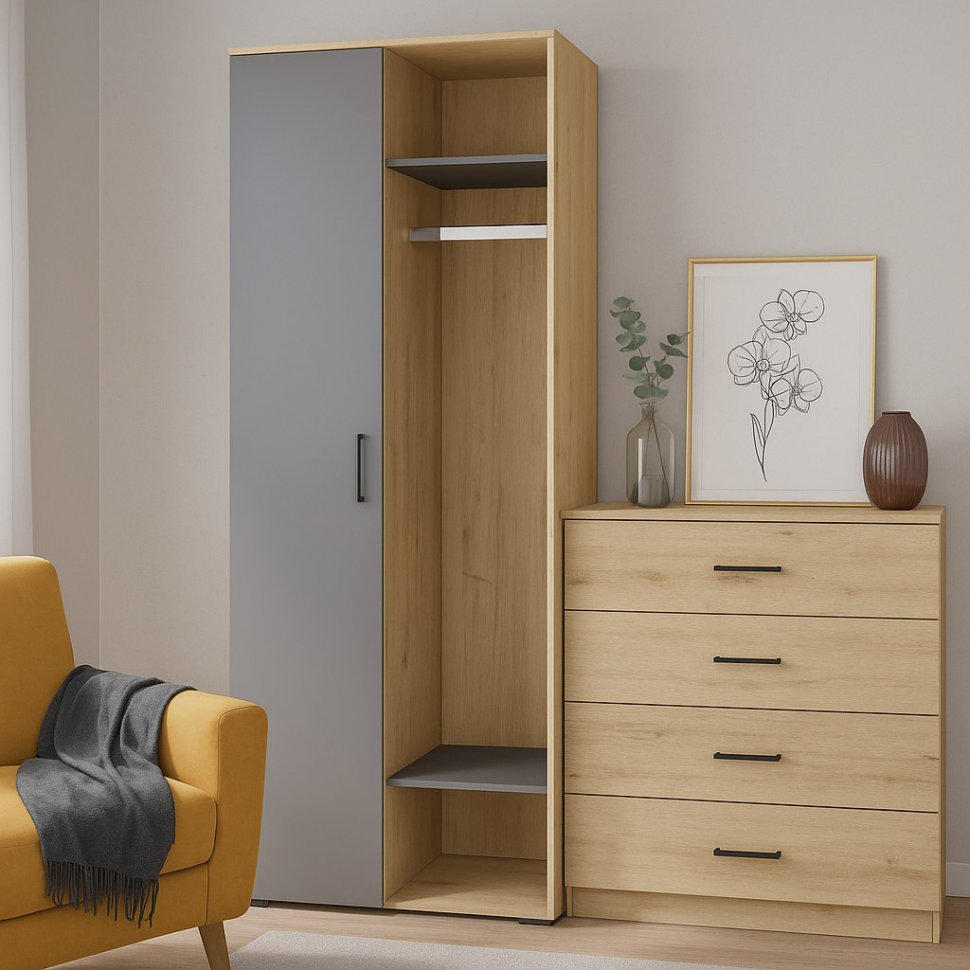 Бруно Шкаф двухдверный с нишей / Дуб Вотан / Серый Графит 