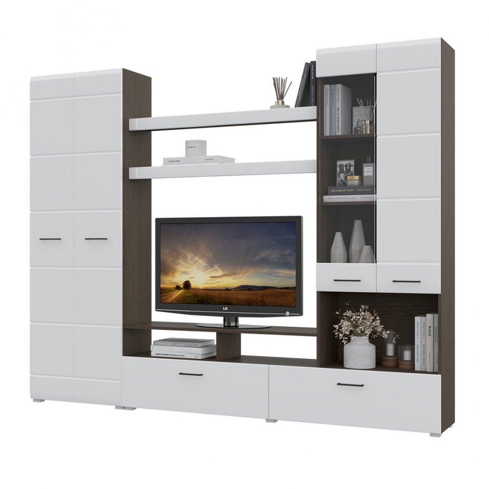 Стенка в гостиную Альфа (Венге / Белый глянец)