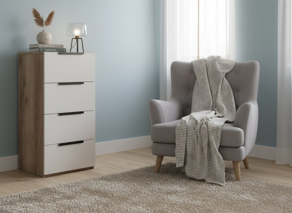 Харди комод узкий Дуб Делано Темный / Супермат Джелато