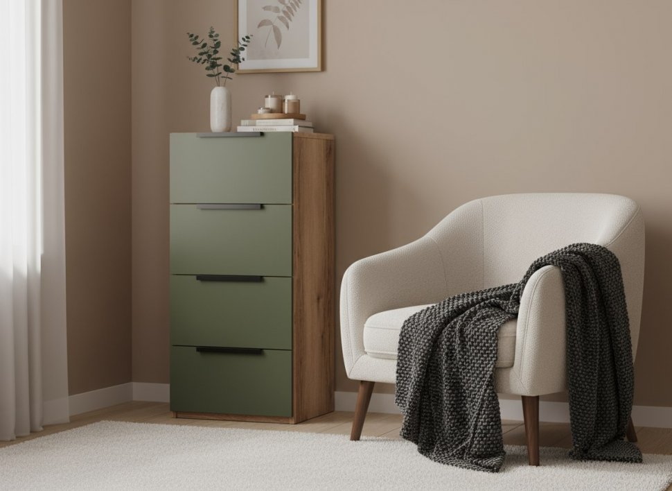 Харди комод узкий Дуб Делано Темный / Грин софт