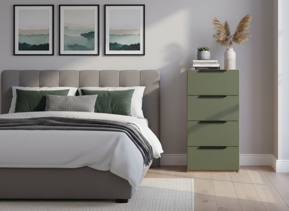 Харди комод узкий Дуб Делано Темный / Грин софт