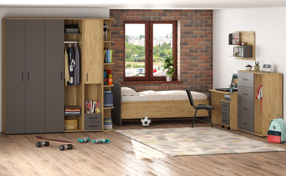 Бруно Кровать односпальная 900 Дуб Вотан / Серый графит