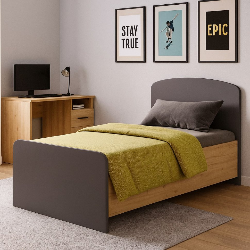 Бруно Кровать односпальная 900 Дуб Вотан / Серый графит