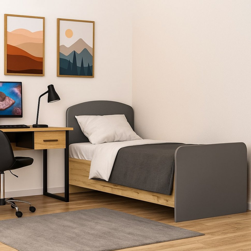 Бруно Кровать односпальная 900 Дуб Вотан / Серый графит