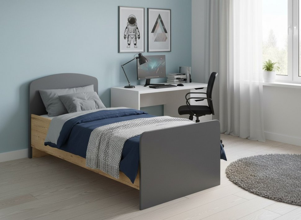 Бруно Кровать односпальная 900 Дуб Вотан / Серый графит